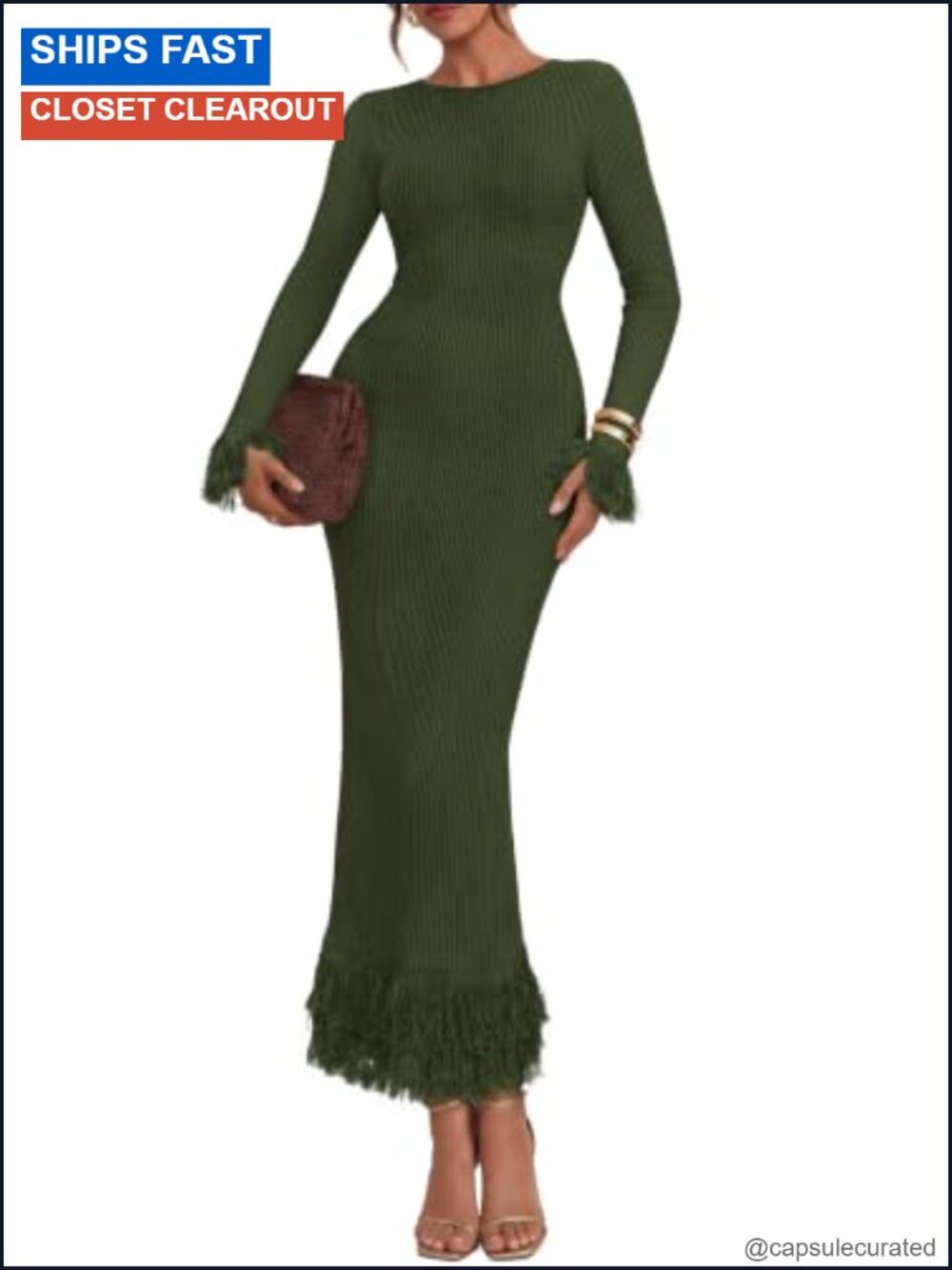 Womens Long Sleeve Bodycon Sweater Dress Crewneck Fringe Trim Maxi Party